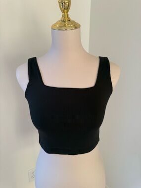 Black Ribbed Square-Neck Crop Tank Top